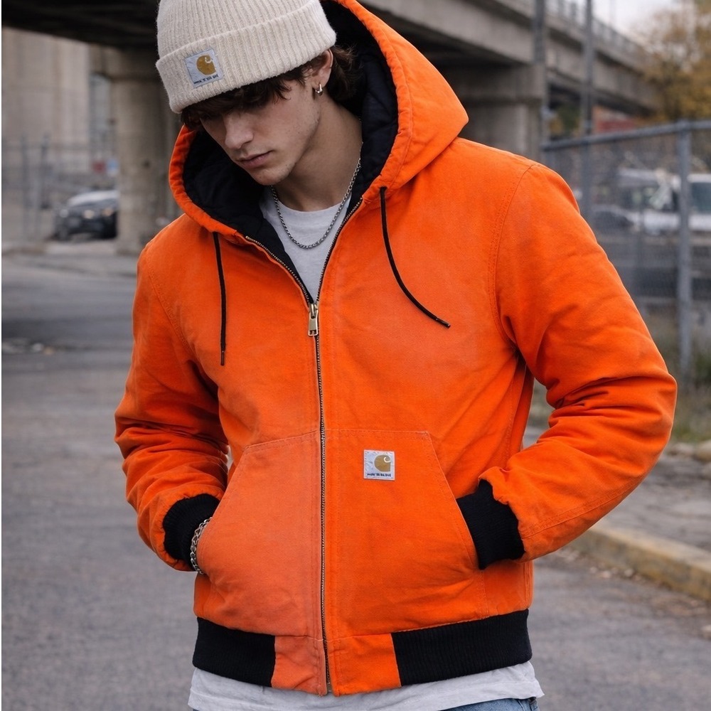 Vtg Carhartt J140 BLZ Blaze Orange Active Jacket Hooded Work Coat Made USA Small